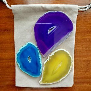 Agate slices, polished stone, 3pc set, blue yellow